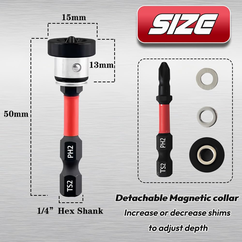 5pcs Drywall Bit Attachment with Depth Stop, PH2 Magnetic Drywall Screwdriver Bits for Countersinking Drywall Screws in Plasterboard, 1/4 Inch Hex Shank Plasterboard Bit